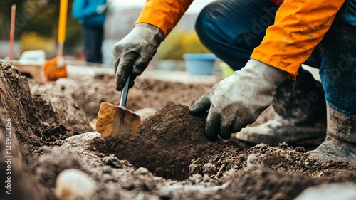 Wallpaper Mural Archaeologist excavating artifact soil outdoor dig site, blurred background workers Torontodigital.ca