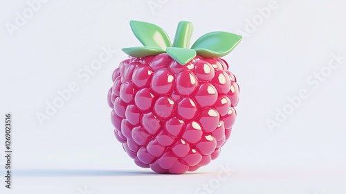 Realistic rendering of a raspberry with green leaves