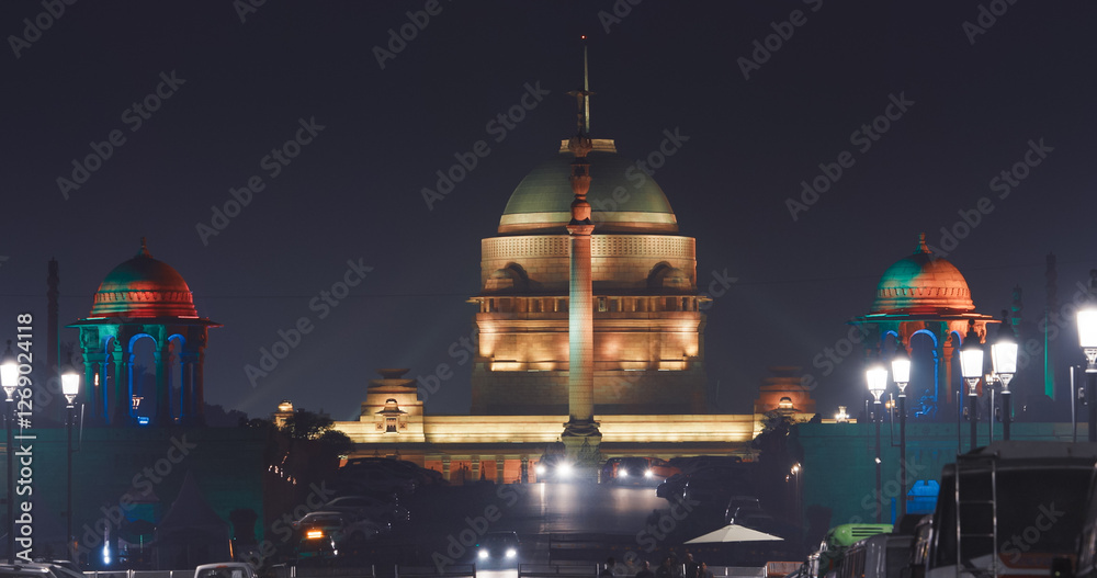New Delhi, Delhi, India. Close up of Rashtrapati Bhavan, Viceroys House, official residence Presidential Palace in Kartavya Path, Rajpath Area. Rashtrapati Bhavan in evening night illumination lights