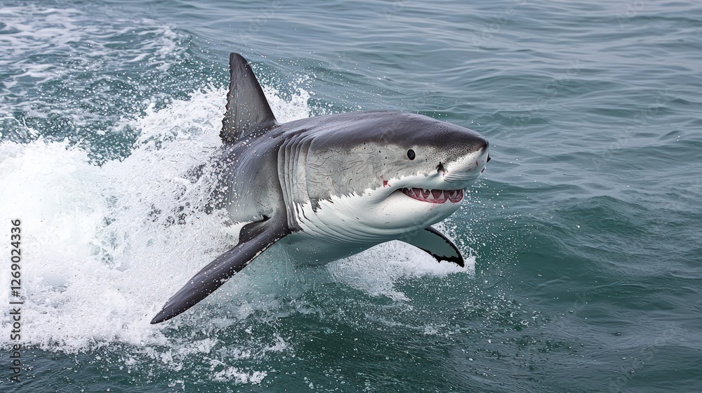 Fototapeta premium A great white shark emerging from the depths, powerful presence