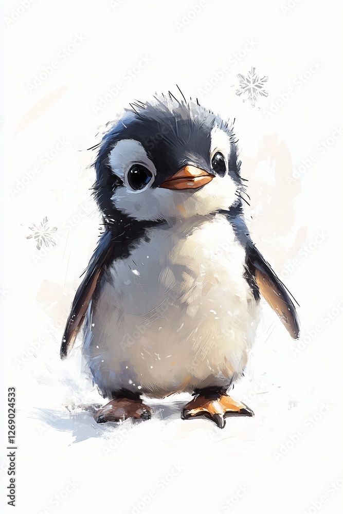 Naklejka premium an adorable baby penguin stands, depicted in a painterly style with snowflakes in the background.