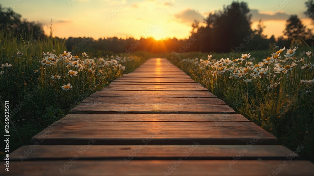 Fototapeta premium Serene Sunset Stroll Wooden Path Through Wildflowers