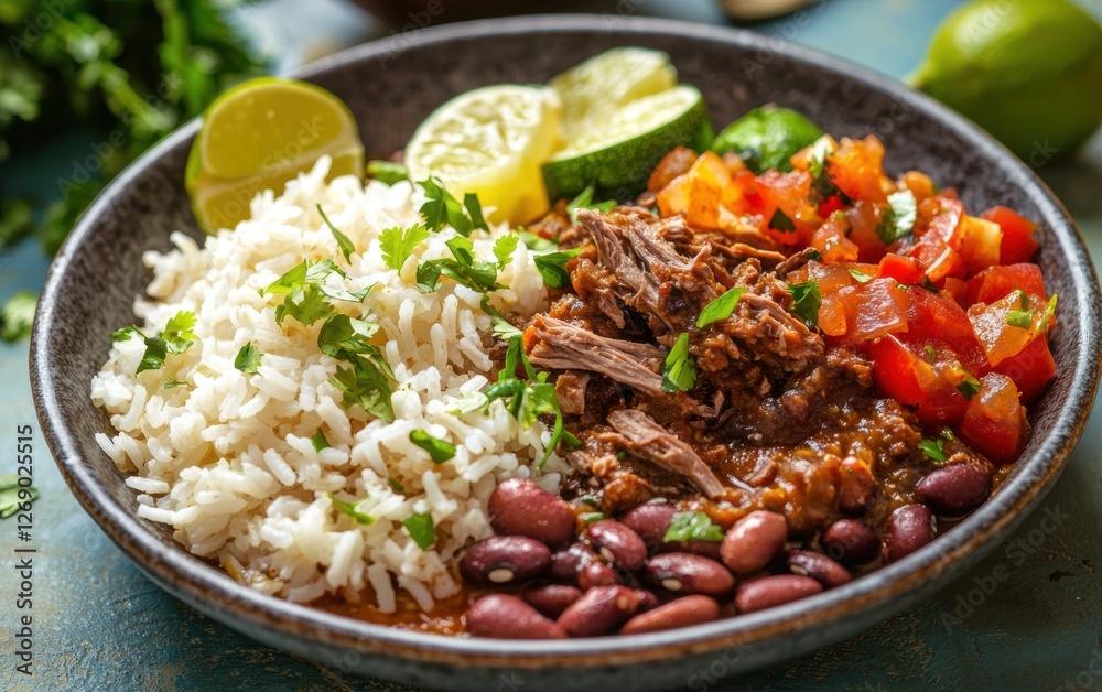 Cuban-style ropa vieja with rice and beans on a pastel background Cuban-style ropa vieja with rice and beans on a pastel background