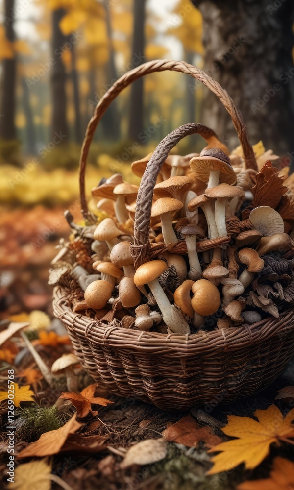 Close-up view of freshly picked wild mushrooms held in a basket against a backdrop of autumn foliage, fungus, harvest, wild mushrooms, woodland Close-up view of freshly picked wild mushrooms held in a basket against a backdrop of autumn foliage, fungus, harvest, wild mushrooms, woodland