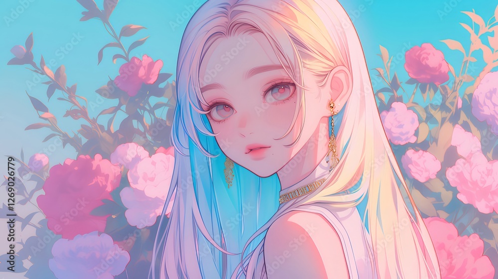 Blonde girl, rose garden, summer, pastel, illustration
