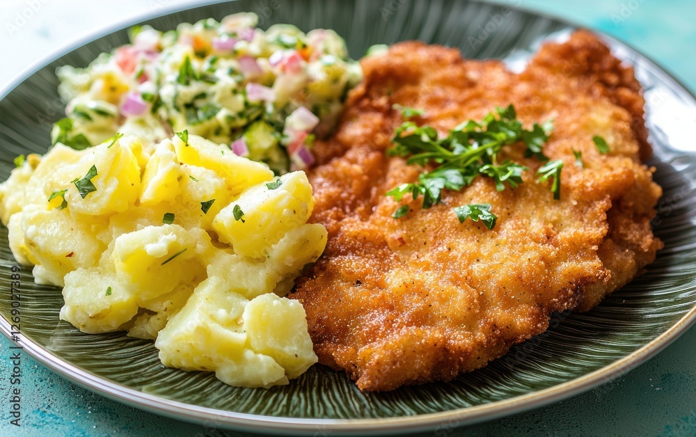 German schnitzel with potato salad on a pastel background German schnitzel with potato salad on a pastel background