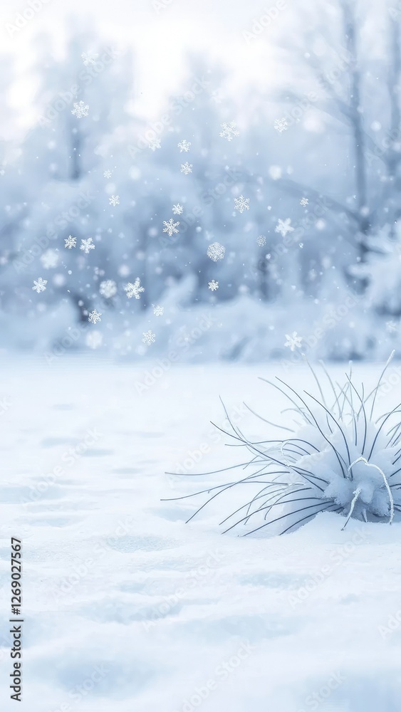 Fototapeta premium Elegant snowflakes gently fall on the snow-covered ground, serene landscape, frosty backdrop, snowy ground