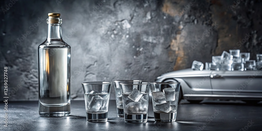 Bottle of Vodka and Shot Glasses with Ice Cubes on Table Bottle of Vodka and Shot Glasses with Ice Cubes on Table