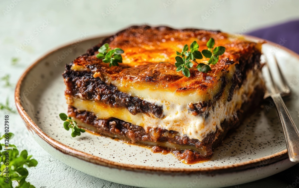 Greek moussaka with creamy bÃ?chamel sauce on a pastel background Greek moussaka with creamy bÃ?chamel sauce on a pastel background