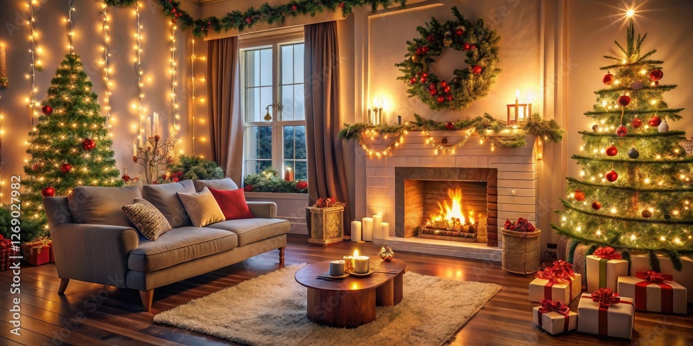 Obraz premium Cozy living room with Christmas decorations, twinkling lights, garlands and a fireplace, warm ambiance, holiday decor, christmas decor