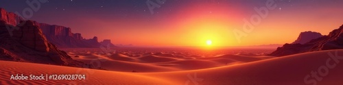 Desert landscape at sunset with a vast expanse of sandy dunes and rock formations, desert, stars photo