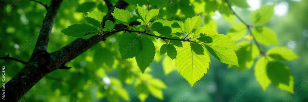 Densely packed green leaves on a large tree branch, leafy, foliage Densely packed green leaves on a large tree branch, leafy, foliage