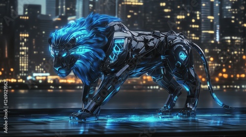 Detroit lion-inspired artwork with futuristic metallic design, glowing blue mane, abstract geometry detailing its body, urban cityscape in the background, modern and sleek