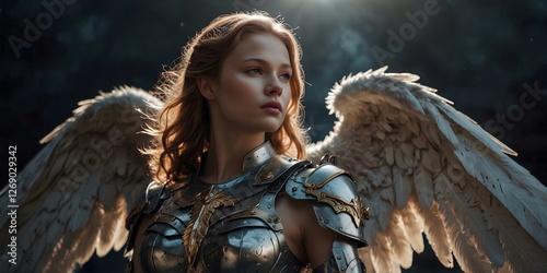 Beautiful Angel girl with wings and armor in the rays of the moon.