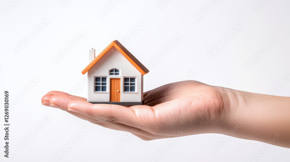 hand delicately holding small house model, symbolizing home ownership and care hand delicately holding small house model, symbolizing home ownership and care