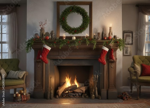 Decorated mantel with stockings and holly in front of a fireplace, holly, warm ambiance