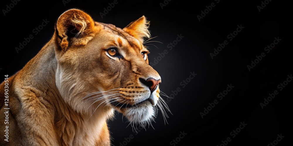 Obraz premium Majestic Lioness Profile: Close-up Side View on Black Background