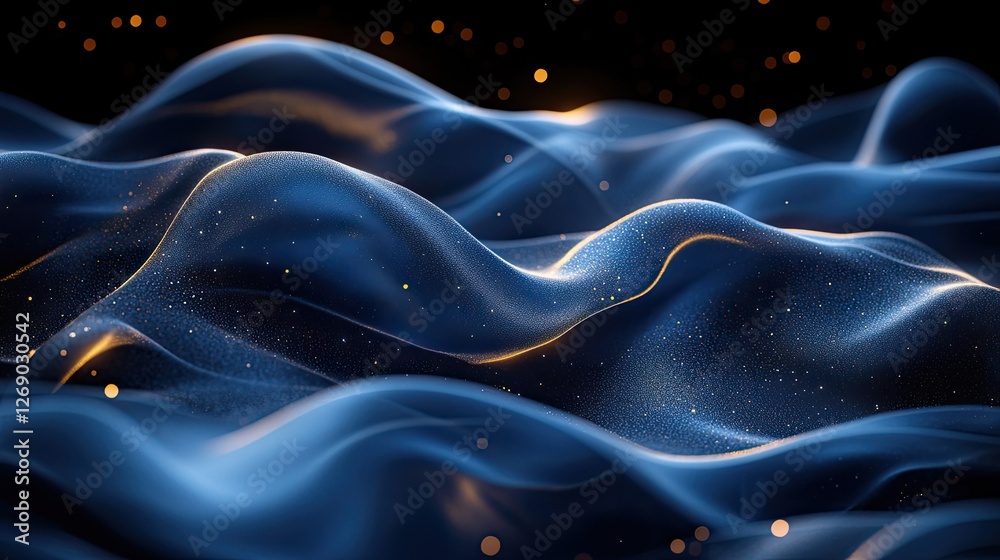 Abstract representation of flowing waves with shimmering particles against a dark background Abstract representation of flowing waves with shimmering particles against a dark background