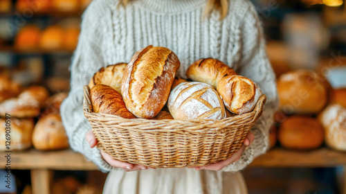 Baker Woman holding wicker basket full of fresh artisan bread in bakery. Concept of small business, local bakeries, artisan bread, and handcrafted food