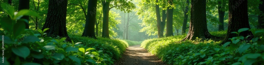 Obraz premium Dense foliage obstructs the path into the forest, dappled light, branches, sunlight filtering