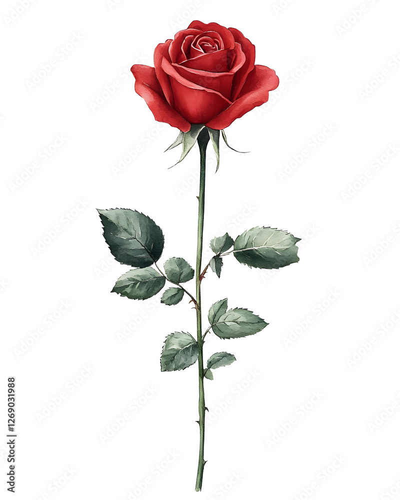 Fototapeta premium A delicate watercolor illustration of a single red rose on a long stem with lush green leaves.