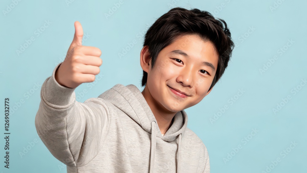 Young man giving thumbs up, positive expression