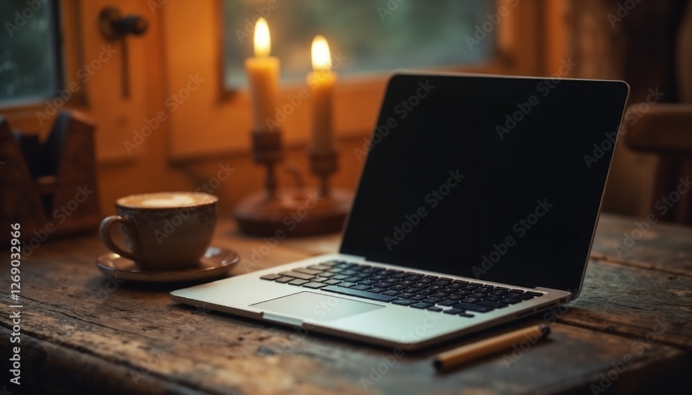 Laptop by Candlelight with Coffee Cup for Cozy Workspace Laptop by Candlelight with Coffee Cup for Cozy Workspace