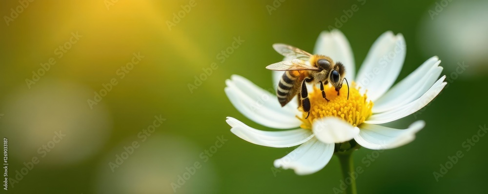 Obraz premium A bee collecting nectar from a single white flower, garden, wildflower