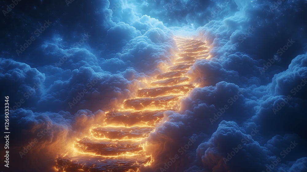 Fototapeta premium Enchanted Ascent on Neon Steps,ネオンの階段での魔法の上昇.Generative AI