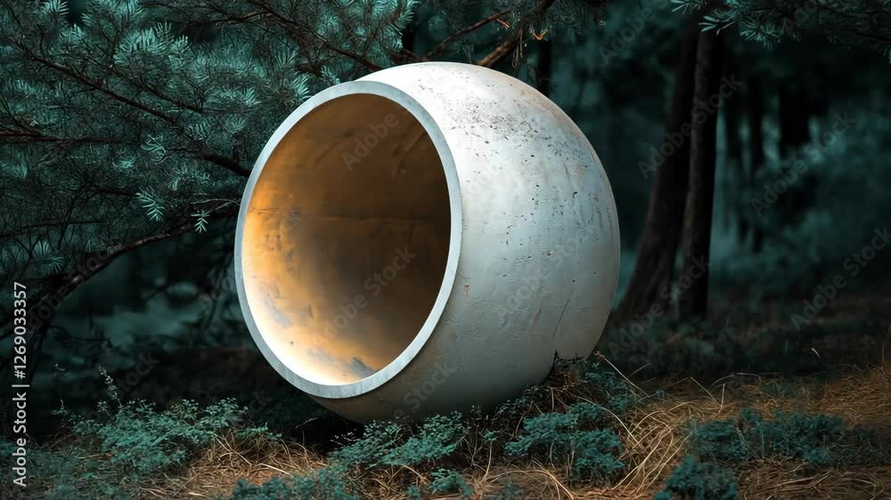 Unique concrete sphere installation nestled among trees in a tranquil forest setting Unique concrete sphere installation nestled among trees in a tranquil forest setting