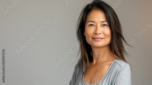 Thoughtful Asian woman looking away with a faint smile.