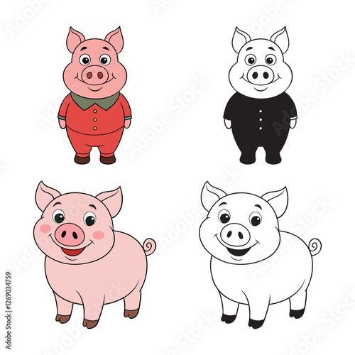 "Cute Cartoon Pig Illustrations in Color and Black and White"