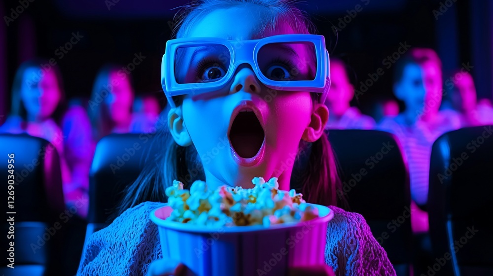 Amazed girl watching movie in cinema.