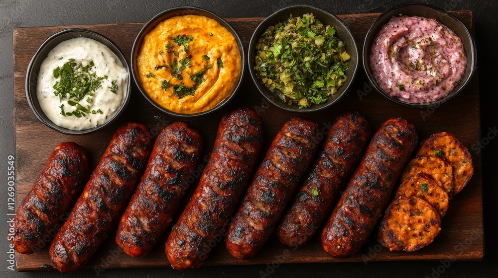 A platter of grilled sausages accompanied by various colorful dips and sauces. A platter of grilled sausages accompanied by various colorful dips and sauces.