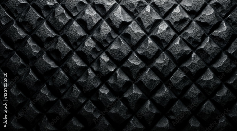 Abstract geometric pattern with raised rhombus shapes, dark rugged surface, metallic or stone-like texture, chessboard arrangement, strong contrast, industrial and futuristic background. Abstract geometric pattern with raised rhombus shapes, dark rugged surface, metallic or stone-like texture, chessboard arrangement, strong contrast, industrial and futuristic background.