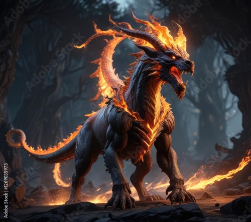 Fiery mythical creature in darkened environment, mythic, shadows