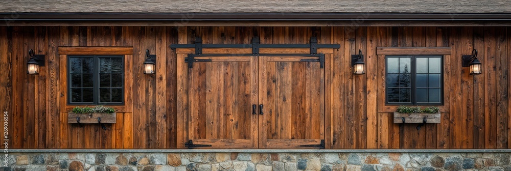 Rustic Wooden Barn Exterior With Sliding Doors And Windows Rustic Wooden Barn Exterior With Sliding Doors And Windows