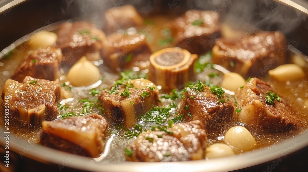 A pot of simmering beef bone soup with herbs and garlic, emitting steam. A pot of simmering beef bone soup with herbs and garlic, emitting steam.