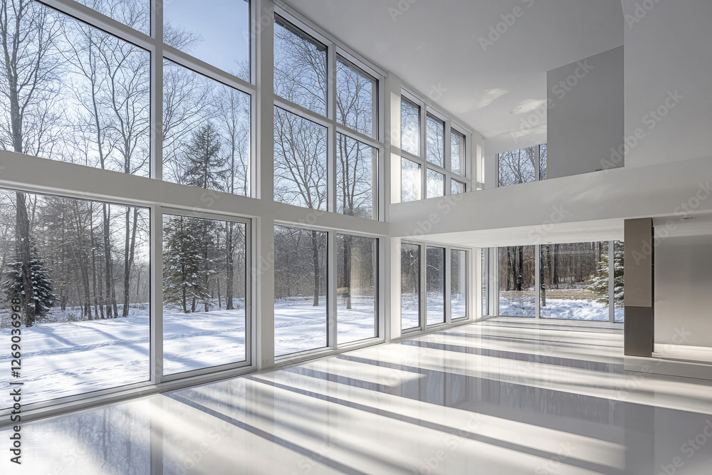 Obraz premium Modern Minimalist Home with Floor-to-Ceiling Windows, Open Space, and Winter Landscape View