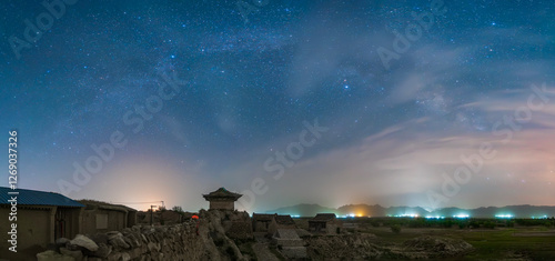 Chinese traditional buildings at night, Ancient Chinese castles under the stars, Ancient Chinese castle under the Milky Way