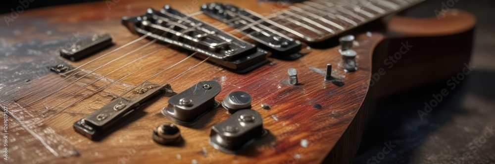 Fototapeta premium Fretboard of a worn electric guitar with intricate scratches and scuffs against a dark, gritty background, worn, screatches