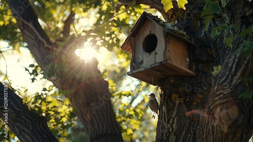 A rustic wooden birdhouse hanging under the shade of a large oak tree.