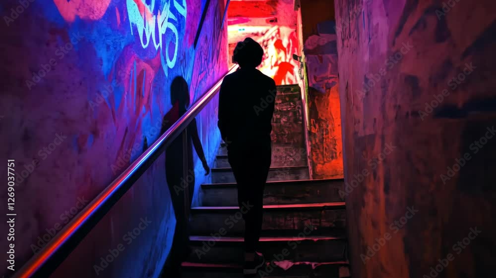 Person ascending stairs in vibrant graffiti alleyway at night