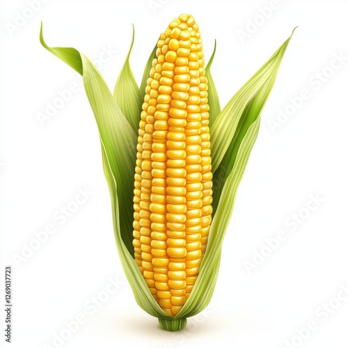 Corn cob with bright yellow kernels isolated on white