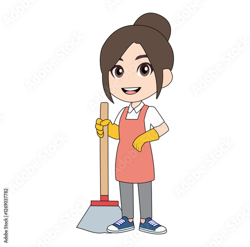 Cartoon Female Cleaning Service Sweeping Vectors Illustration