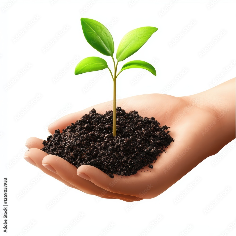 Hand holding dark, fertile soil with a small sprout growing isolated on white Hand holding dark, fertile soil with a small sprout growing isolated on white