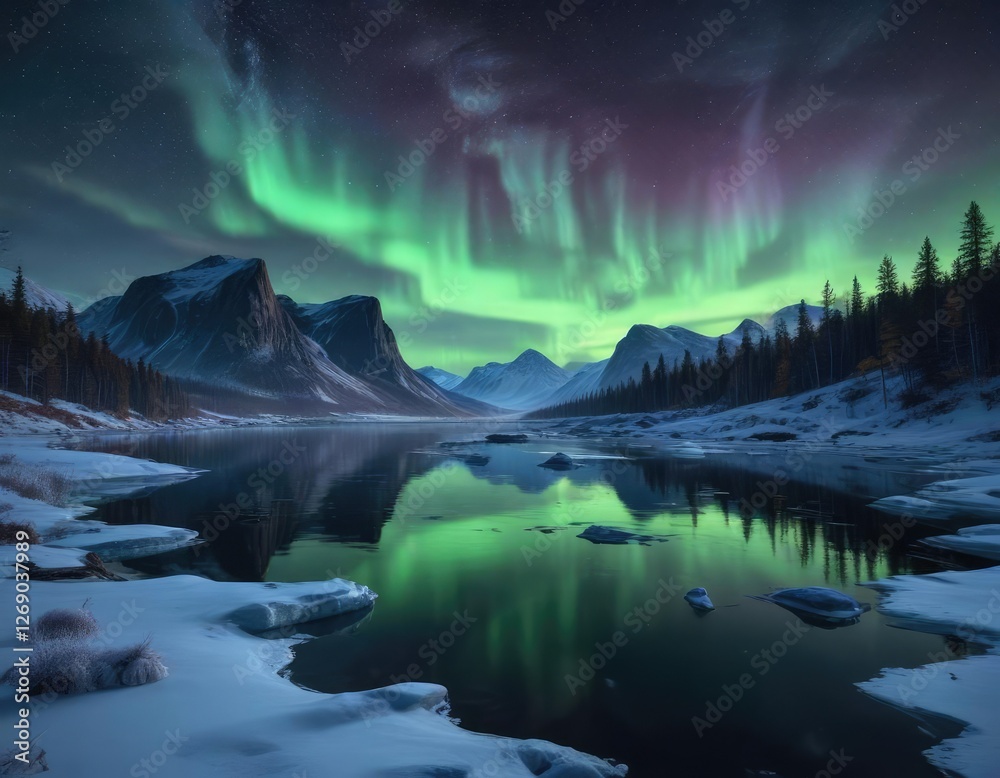 Obraz premium Frozen lake under starry sky with glowing northern lights, serene, aurora borealis