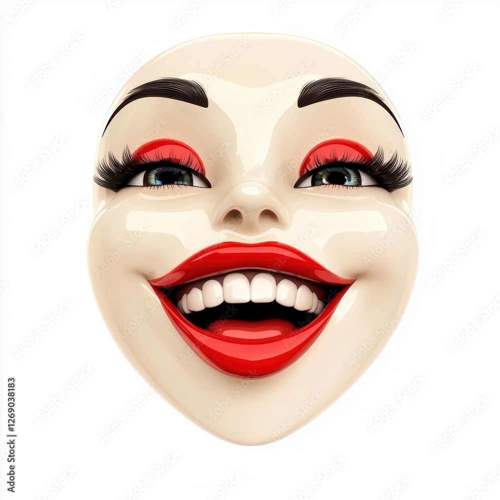 Happy woman with bright red lipstick and expressive eyes isolated on white