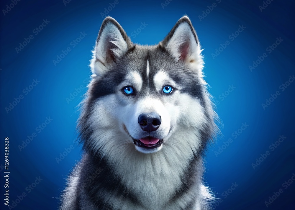 Fototapeta premium Majestic Siberian Husky Dog Portrait, Isolated on Vibrant Blue Background