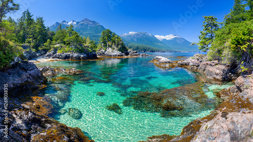Secluded cove, turquoise water, rocky shore, mountain backdrop, summer vacation